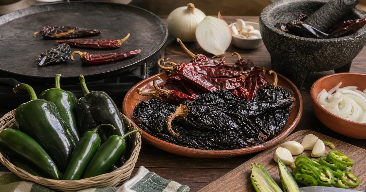Dried Mexican chiles, fresh jalapenos, poblanos, comal, mortar, onion, and garlic on a prep surface