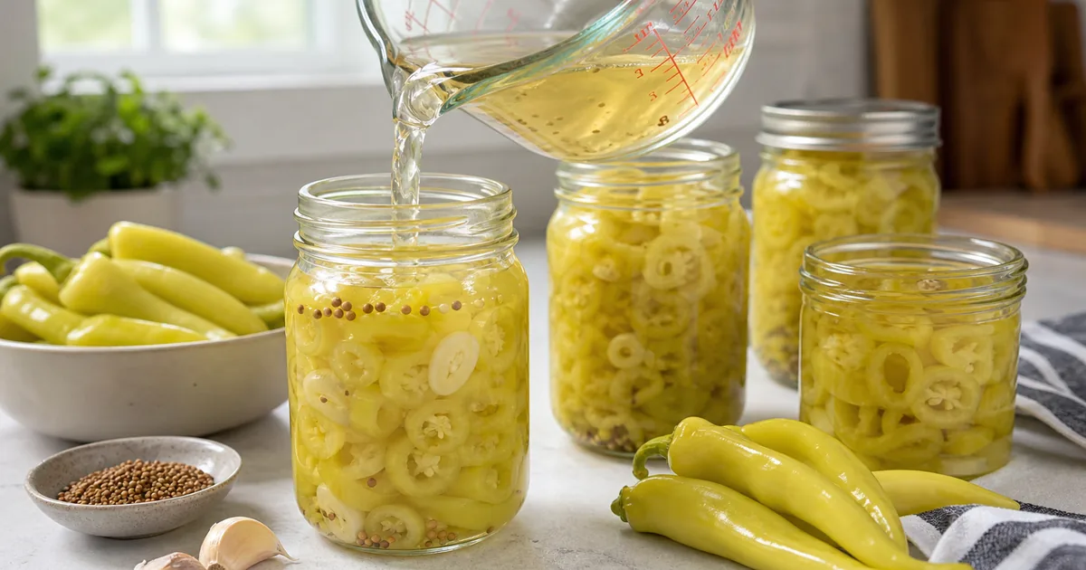 Banana pepper rings in jars as vinegar brine is poured over them