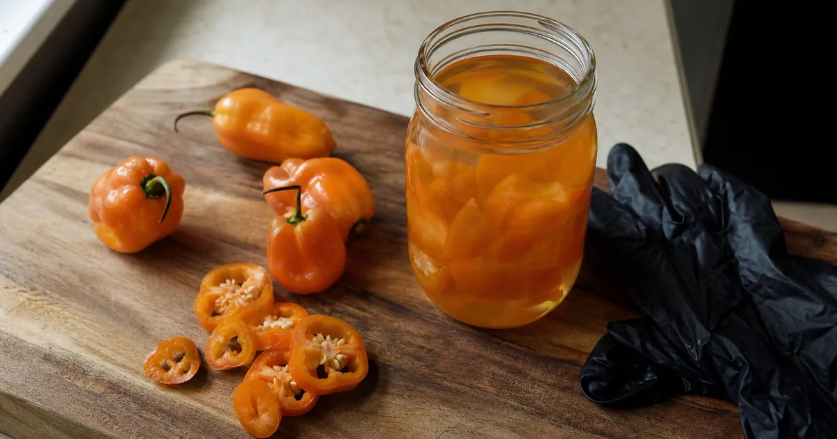 Orange habaneros sliced beside a clear jar of vinegar brine on a kitchen board