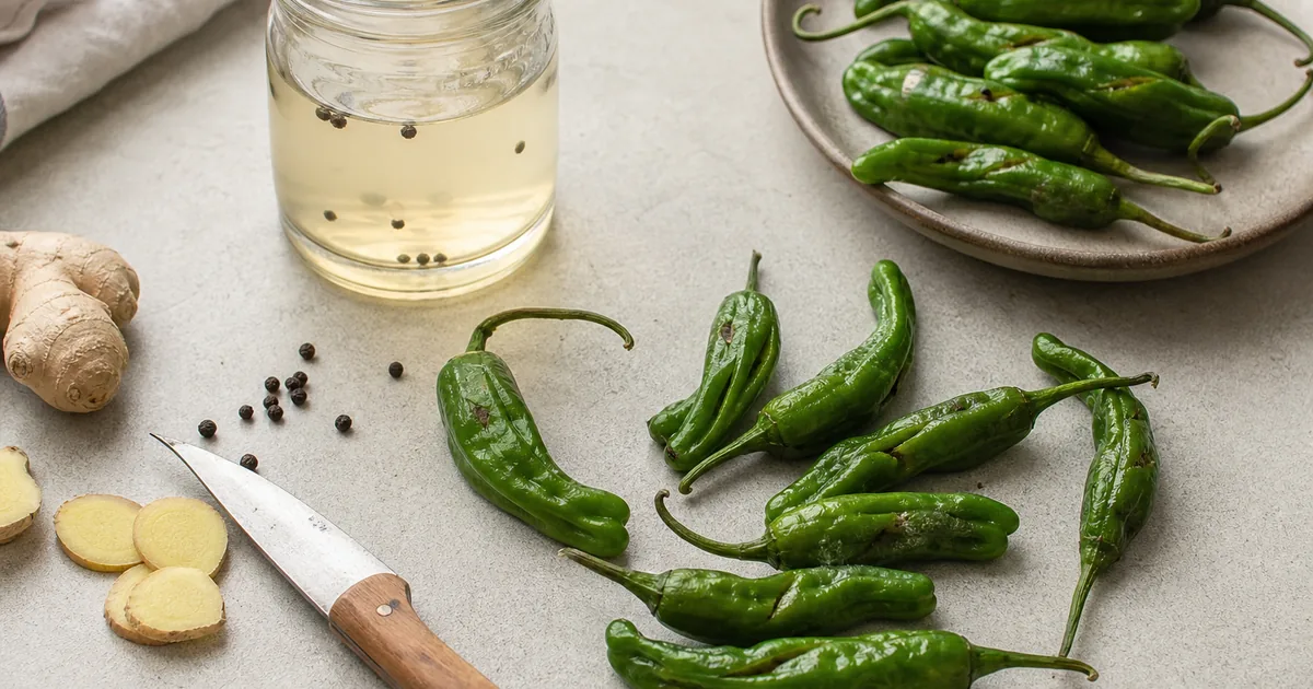 Green shishito peppers and a jar of clear pickling brine on a neutral counter