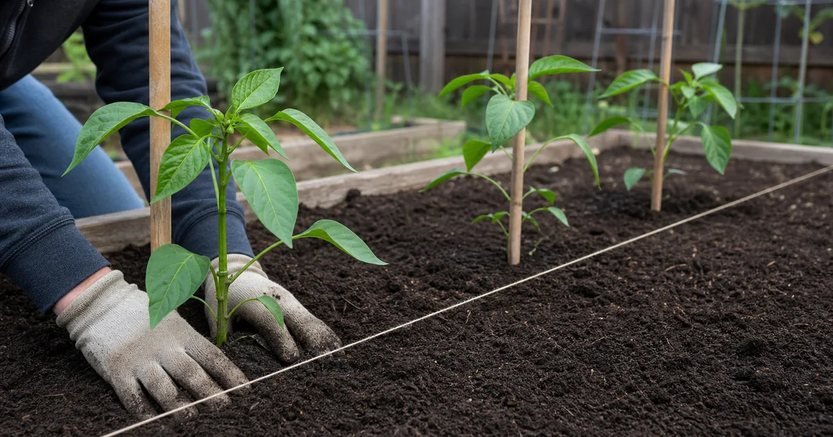 Poblano pepper transplants spaced widely in a raised bed with support stakes