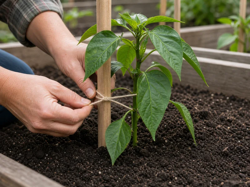 Young poblano pepper plant tied loosely to a wooden support stake