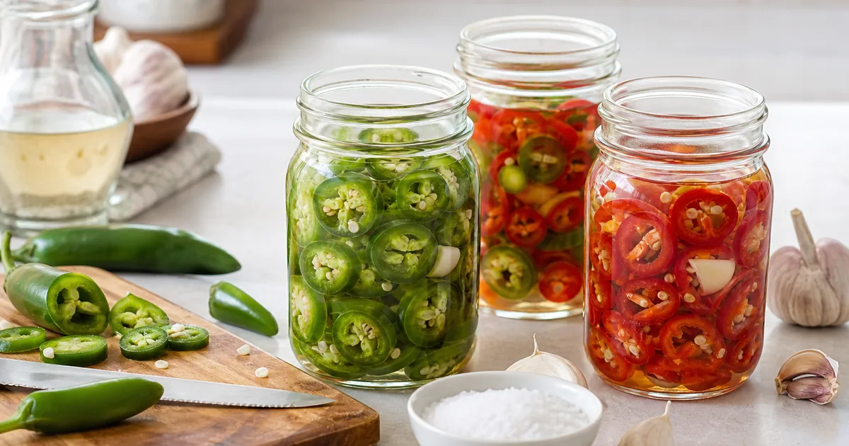 Sliced jalapenos and mixed peppers in a clear vinegar brine jar