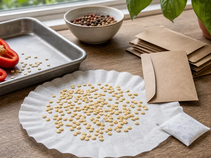 Pepper seeds drying in a thin layer beside blank seed envelopes