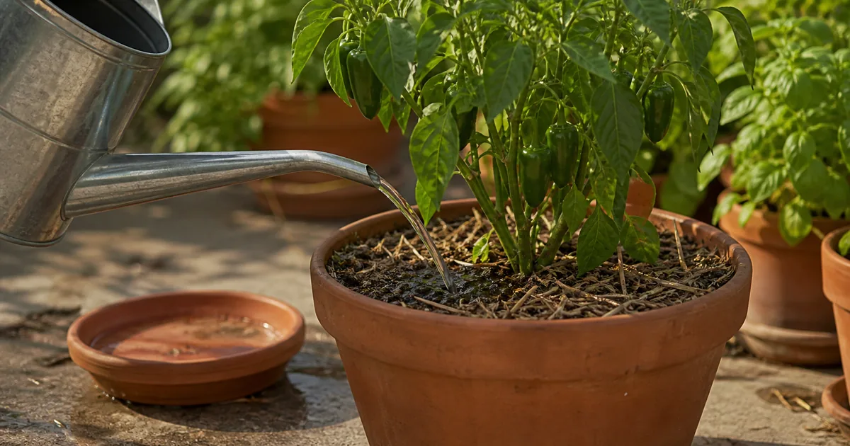 Pepper plant in a container being watered at soil level with a narrow spout can
