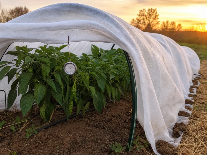 Frost cloth sealed around pepper plants with a thermometer at leaf height