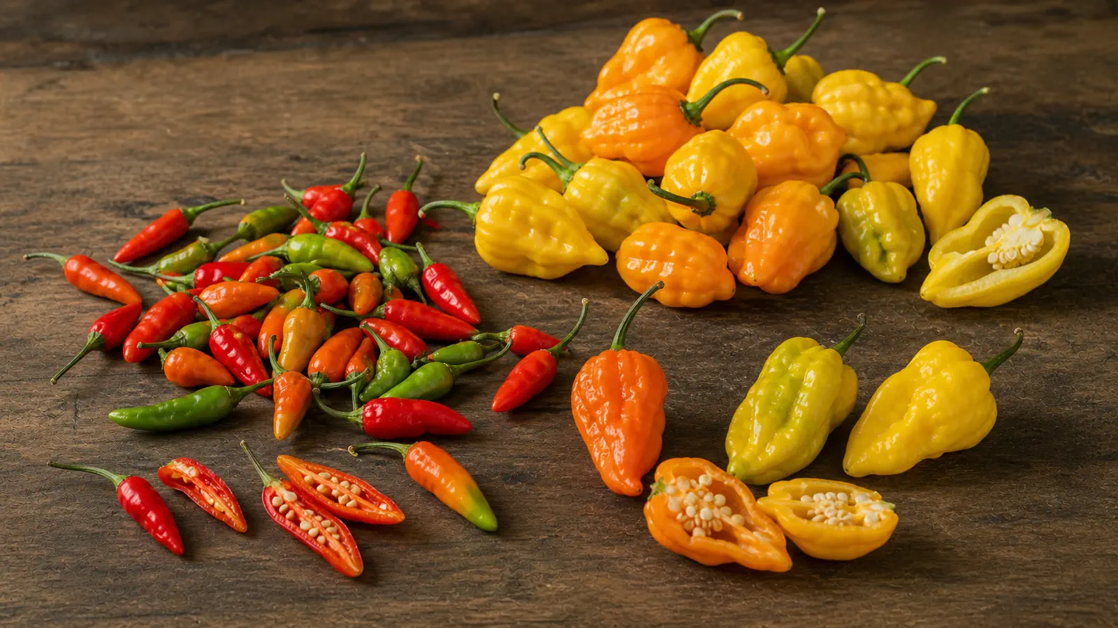 African peppers arranged with bird's eye piri piri peppers and yellow fatalii-type peppers as an origin hub overview