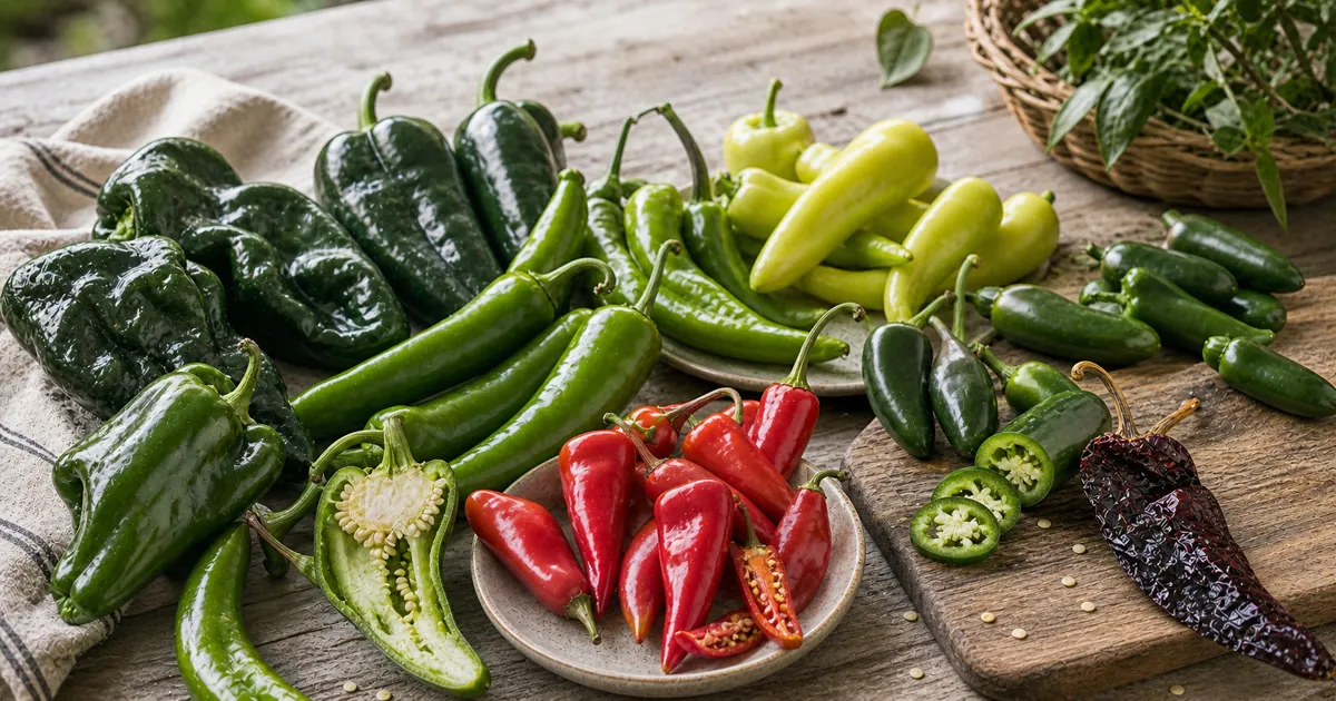 American peppers arranged with Hatch-style green chiles, banana peppers, red Fresno peppers, jalapenos, and a dried chile