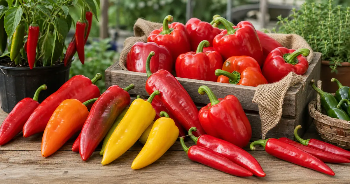 Sweet pointed peppers, bell peppers, and medium-heat long chiles arranged for British-grown pepper varieties