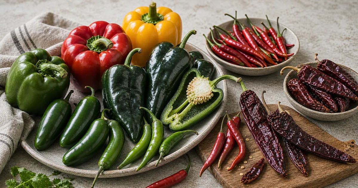 Capsicum annuum peppers arranged with bell, jalapeno, poblano, cayenne, and dried red chiles in one species overview