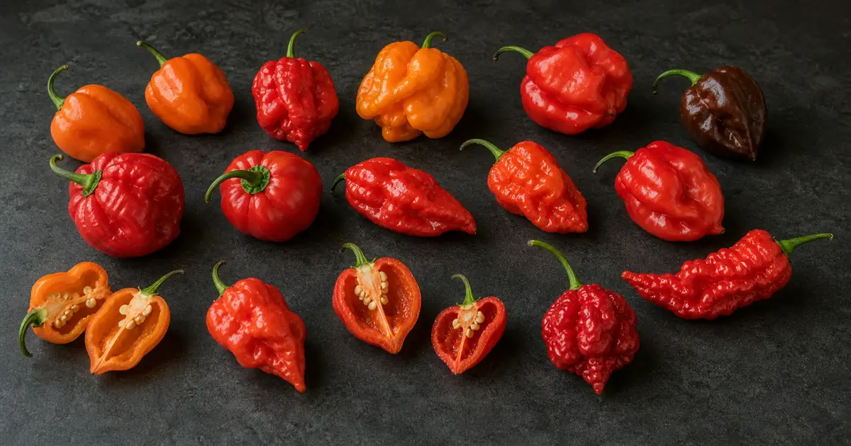 Capsicum chinense peppers including habanero, scotch bonnet, wrinkled superhots, and one chocolate pod on dark stone