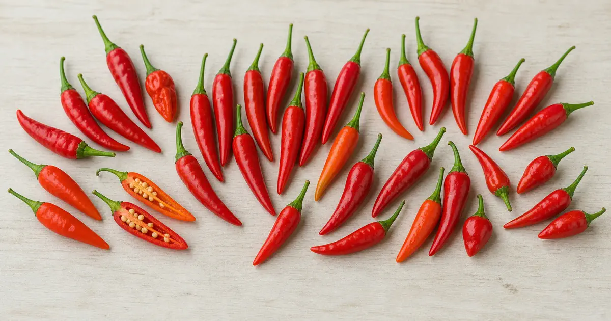 Capsicum frutescens peppers with small red tabasco and peri peri style pods arranged on a light board