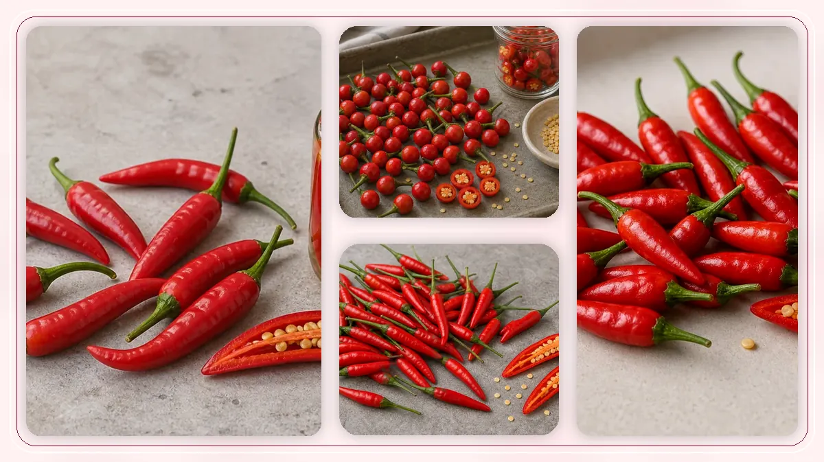 Capsicum frutescens Varieties in-post pepper reference image with varied cultivars and kitchen context