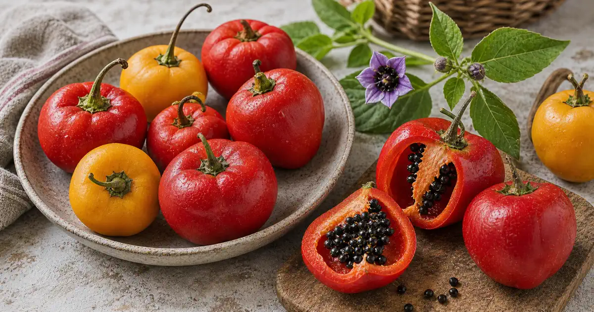 Capsicum pubescens peppers with thick walls, black seeds, and a purple flower beside sliced rocoto-style pods