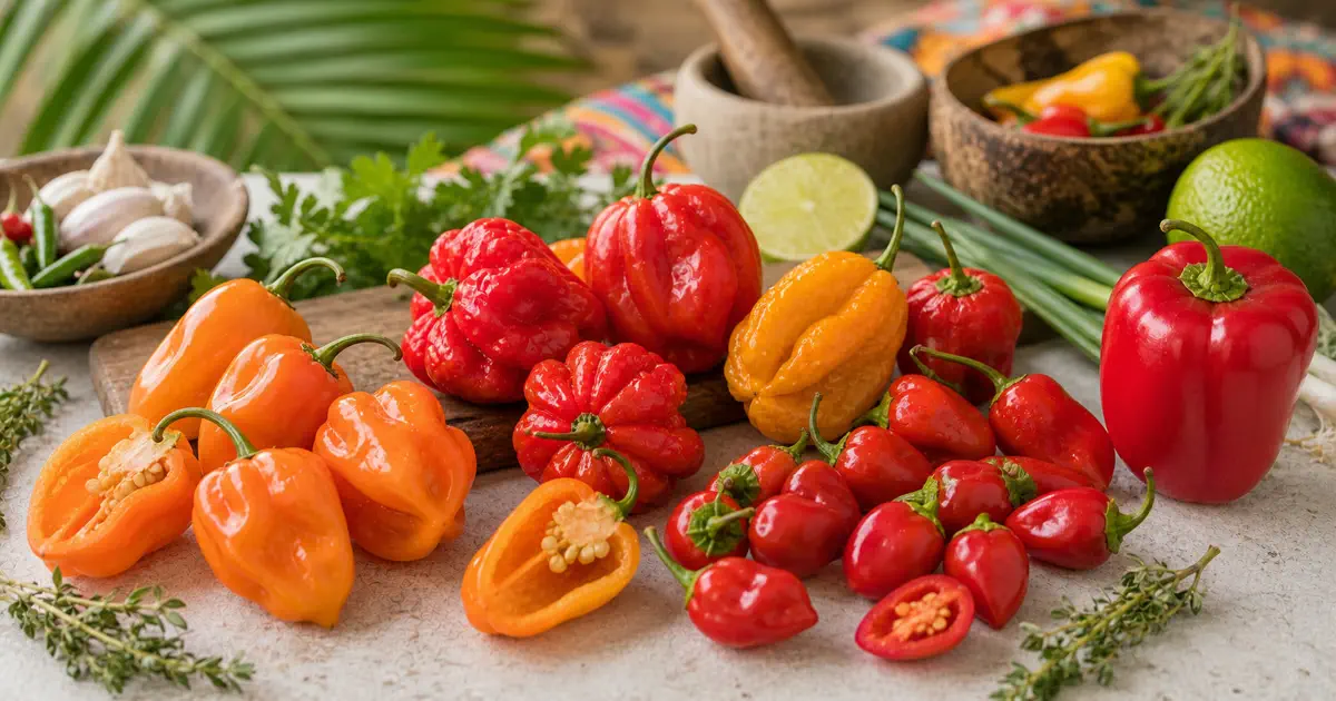 Scotch bonnet, habanero-type, and aji dulce-style peppers arranged for Caribbean pepper varieties
