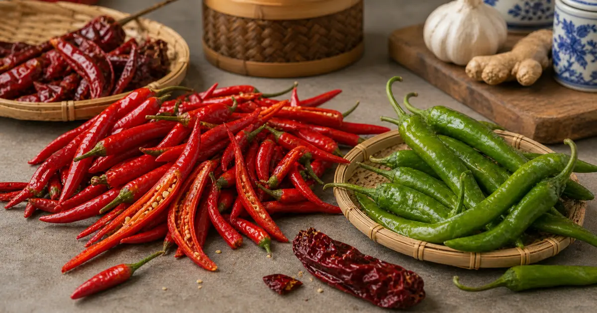 Facing-heaven-style red chiles, green frying peppers, and dried red peppers arranged for Chinese pepper varieties