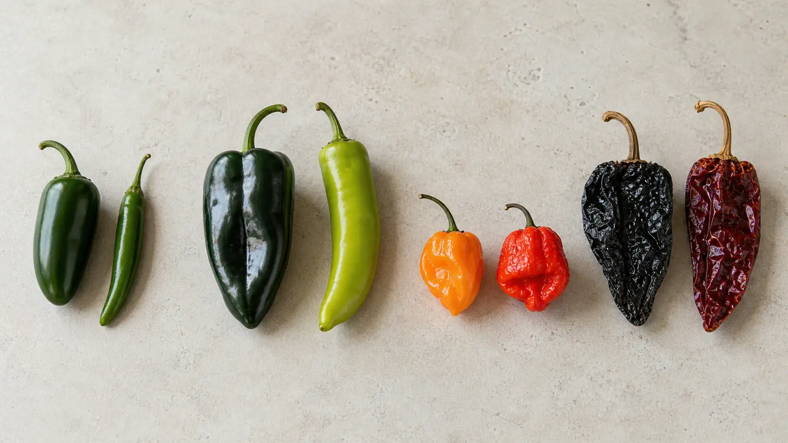 Four pepper comparison pairs shown side by side for heat and flavor analysis