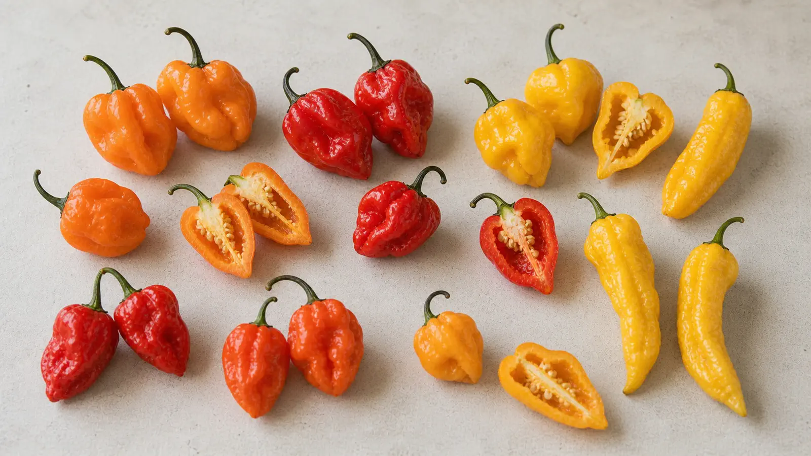 Extra-hot peppers arranged as a tier overview with habanero, scotch bonnet, and fatalii-type peppers