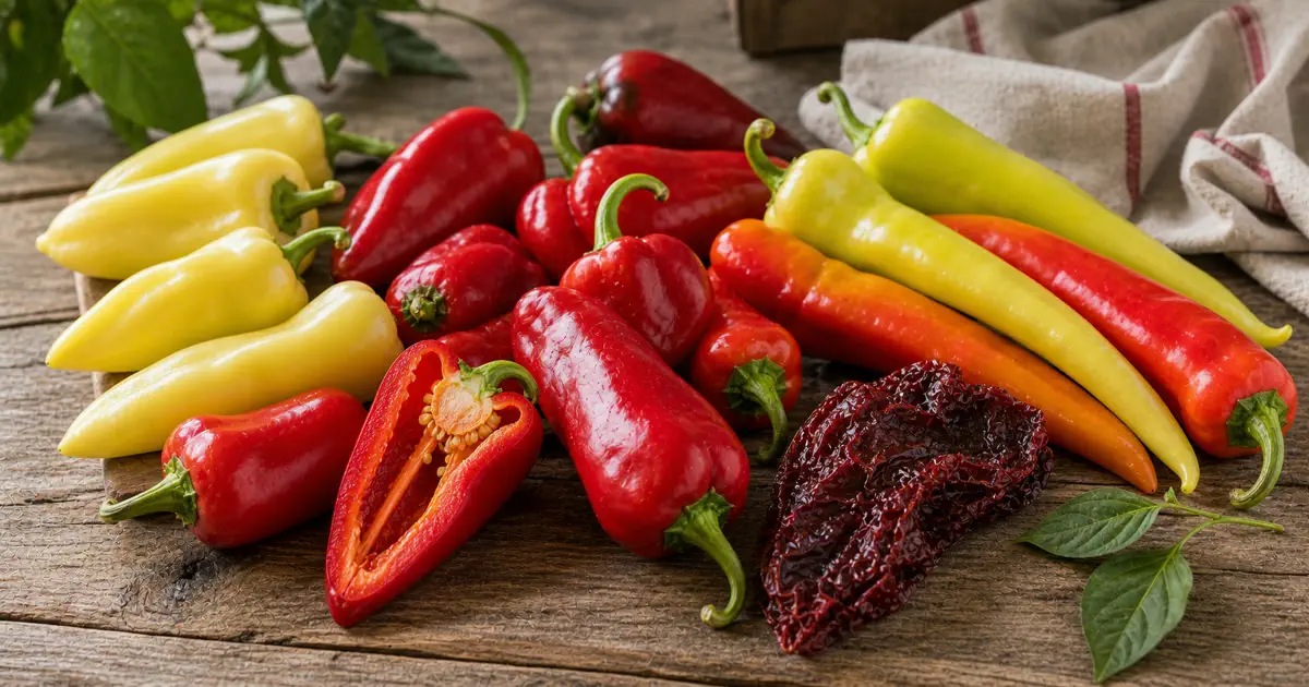 Paprika-type red peppers, wax peppers, and sweet elongated peppers arranged for Hungarian pepper varieties