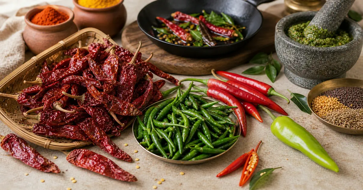 Kashmiri-style dried chiles, hot green chiles, and red fresh chiles arranged for Indian pepper varieties