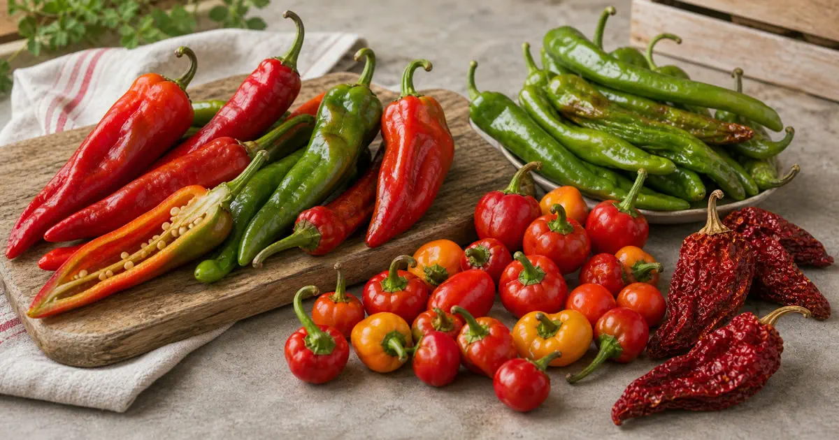 Sweet Italian peppers, friggitello-style peppers, cherry peppers, and a dried Calabrian-style chile arranged for Italian pepper varieties