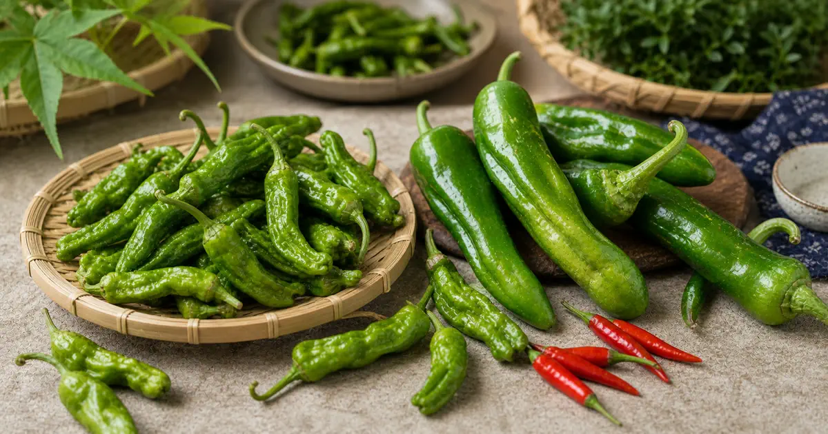 Shishito peppers, mild frying peppers, and a small red chile arranged for Japanese pepper varieties