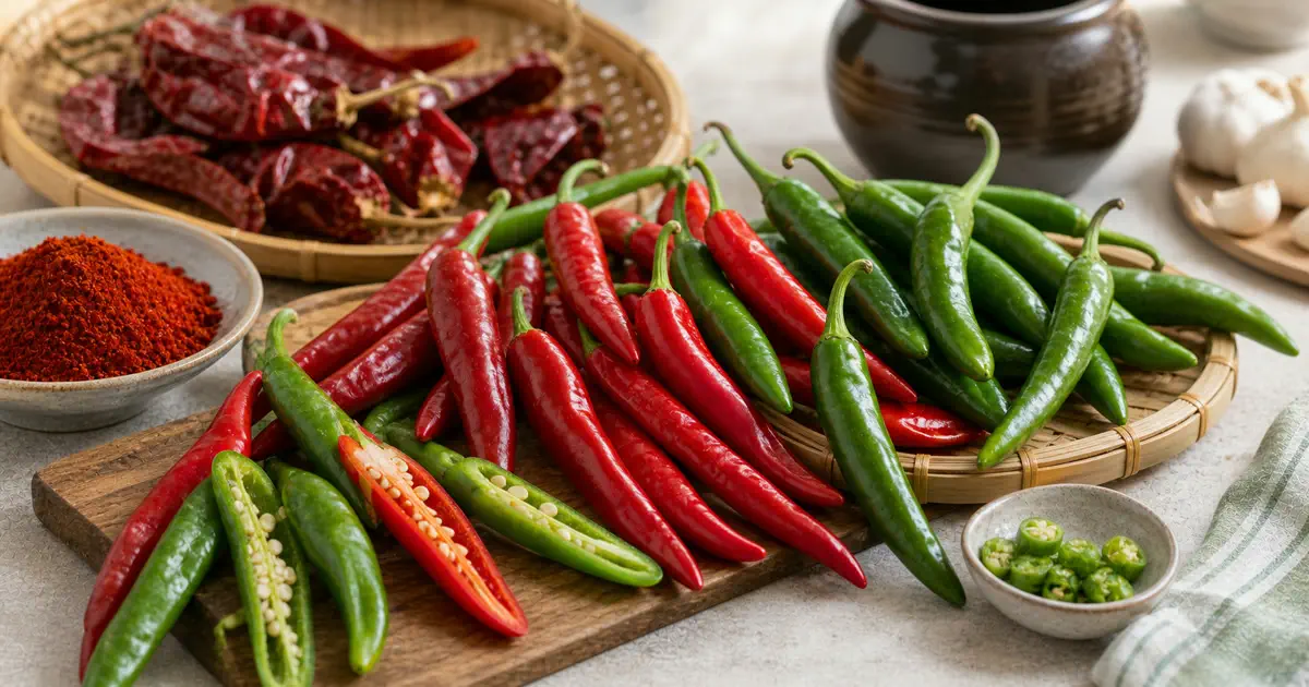 Fresh green and red gochu-style peppers with a dried red chile arranged for Korean pepper varieties