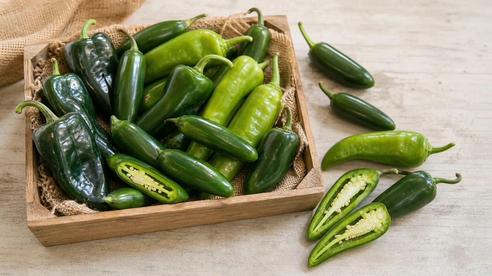 Medium-tier peppers arranged as a route overview with jalapeno, poblano, and fresno-style cooking peppers