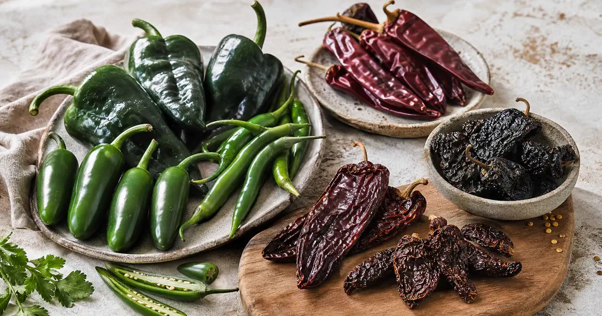 Mexican peppers arranged with fresh jalapenos, serranos, poblanos, and dried guajillo, ancho, and chipotle peppers