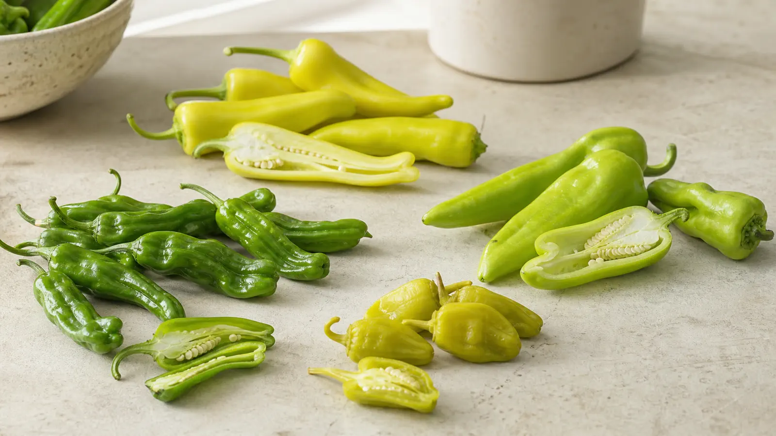 Mild-tier peppers arranged as a tier overview with shishito, banana pepper, cubanelle, and pepperoncini peppers