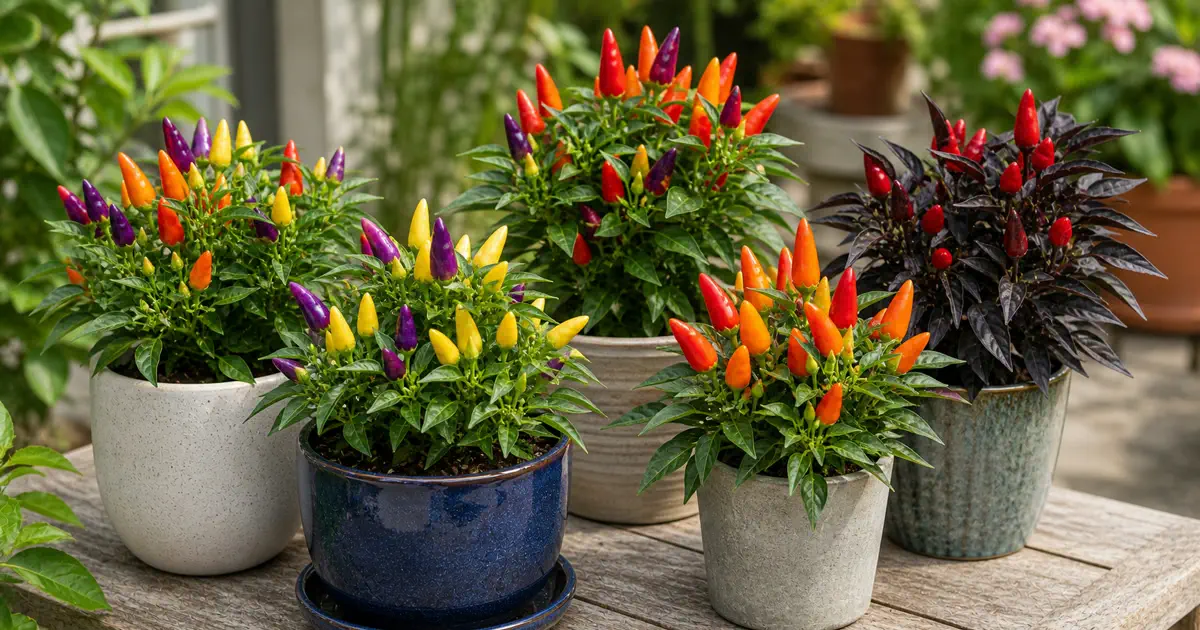 Container-grown ornamental pepper plants with purple, yellow, orange, and red upright fruits
