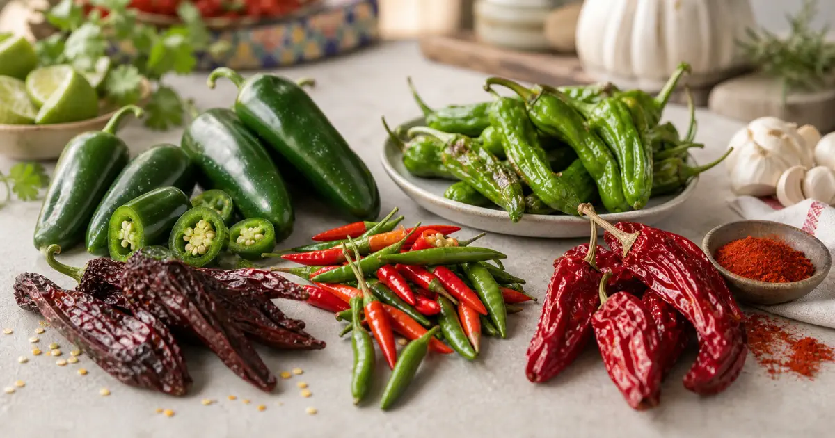 Jalapenos, Thai chiles, shishito peppers, chipotle-style chiles, and dried red peppers arranged by cuisine