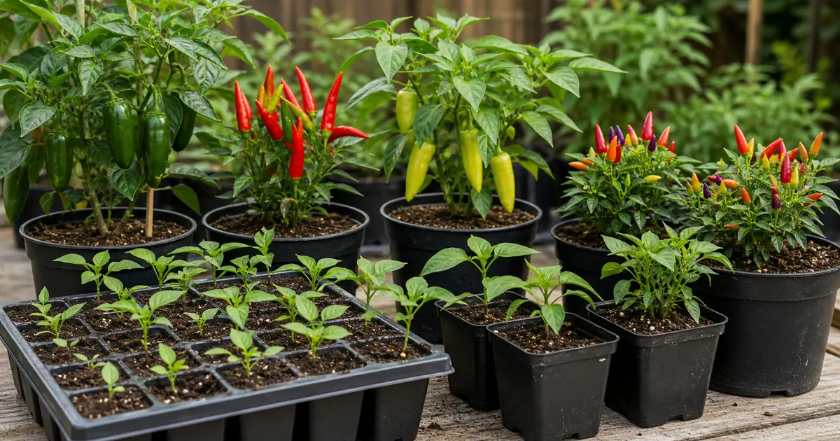 Pepper seedlings and potted pepper plants shown at different growing stages with jalapenos, banana peppers, and ornamental peppers