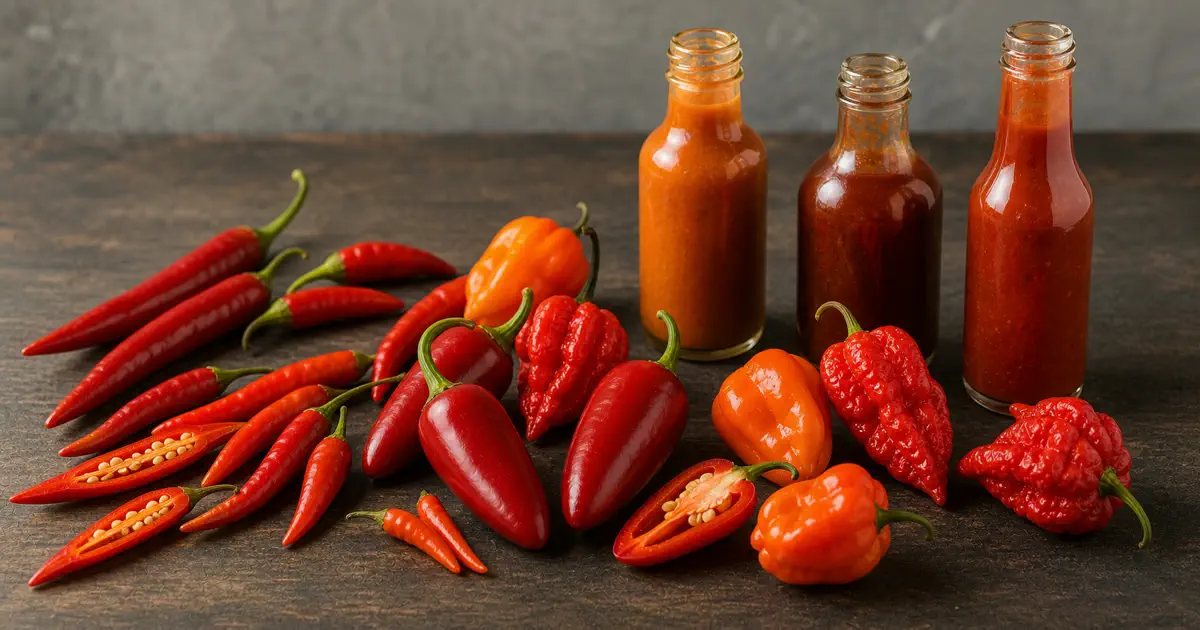 Cayenne, jalapeno, habanero, and superhot peppers arranged beside plain hot sauce bottles