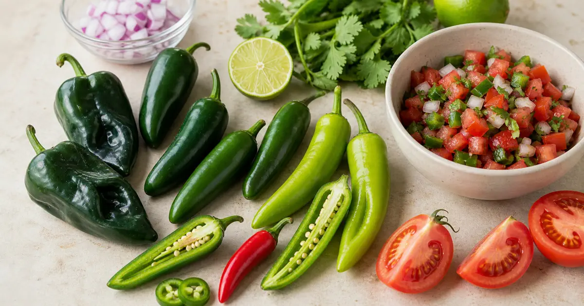 Jalapeno, serrano, and frying peppers arranged with fresh salsa ingredients and a bowl of pico de gallo
