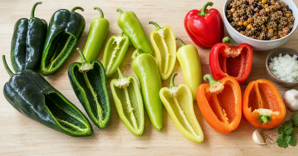 Poblano, cubanelle, banana, and bell peppers cut open to show cavity size for stuffing