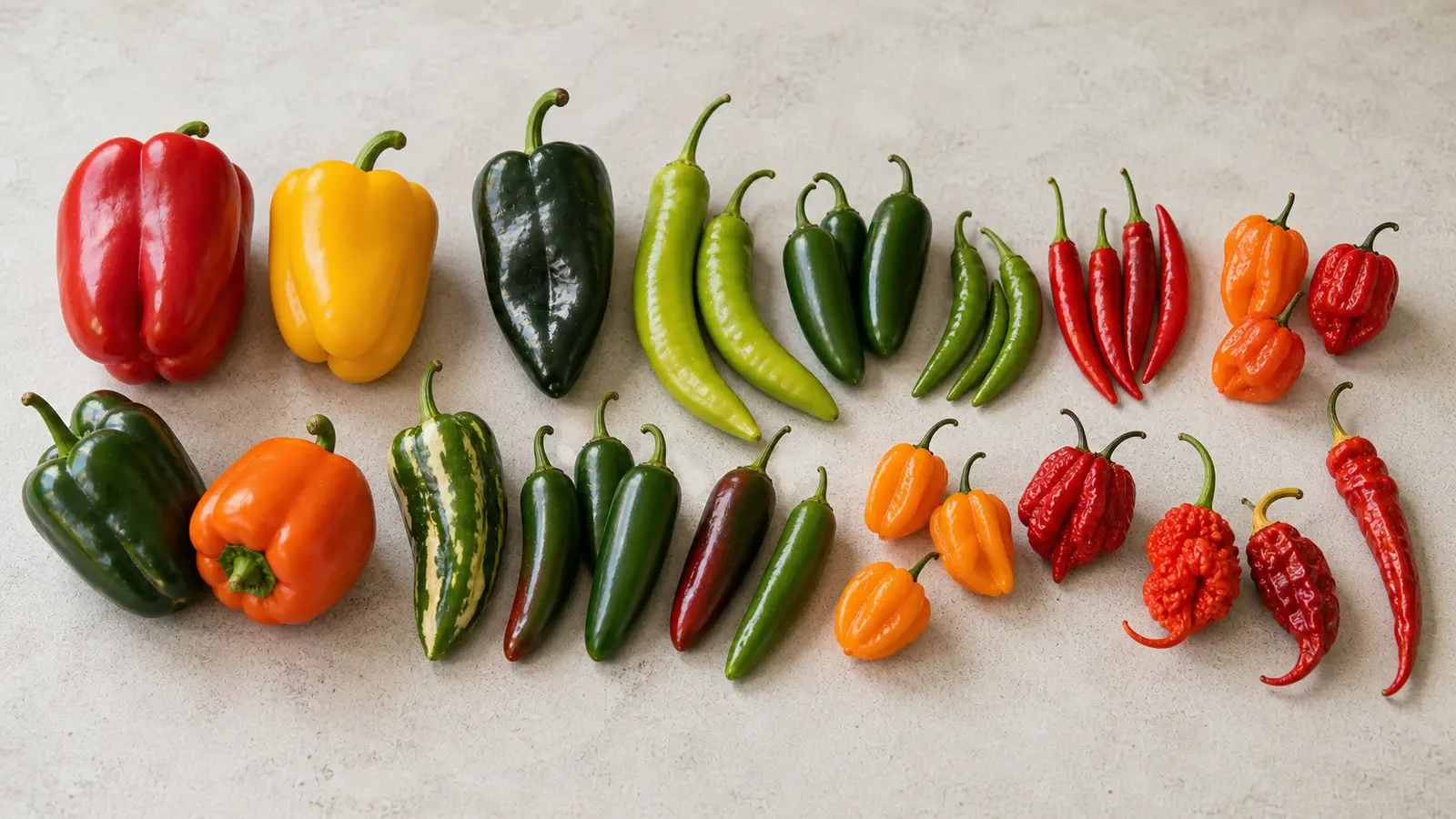 Mixed pepper varieties arranged from mild to super-hot as a pepper encyclopedia overview