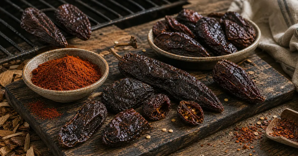 Smoked peppers arranged with dark smoke-dried peppers, chipotle-style pods, smoked paprika, and crushed flakes