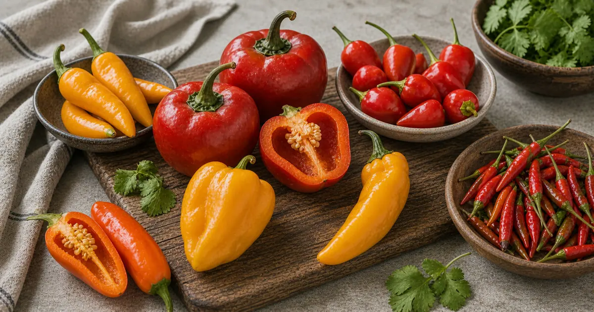South American peppers arranged with aji amarillo-style peppers, rocoto-style red peppers, small biquinho-style peppers, and slender hot red peppers