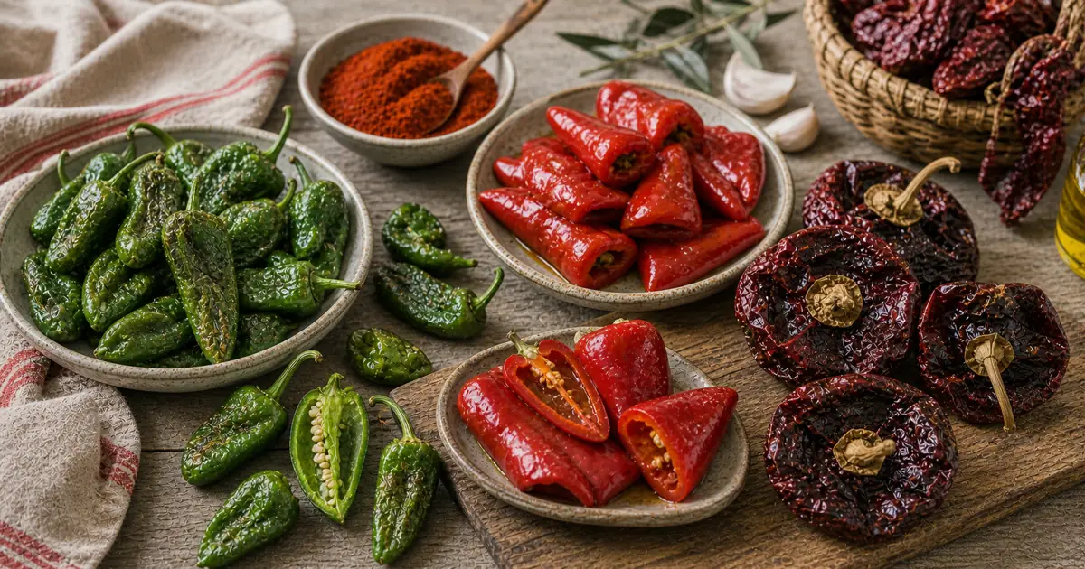 Spanish peppers arranged with green Padron peppers, red piquillo peppers, dried Nora-style peppers, and smoked paprika