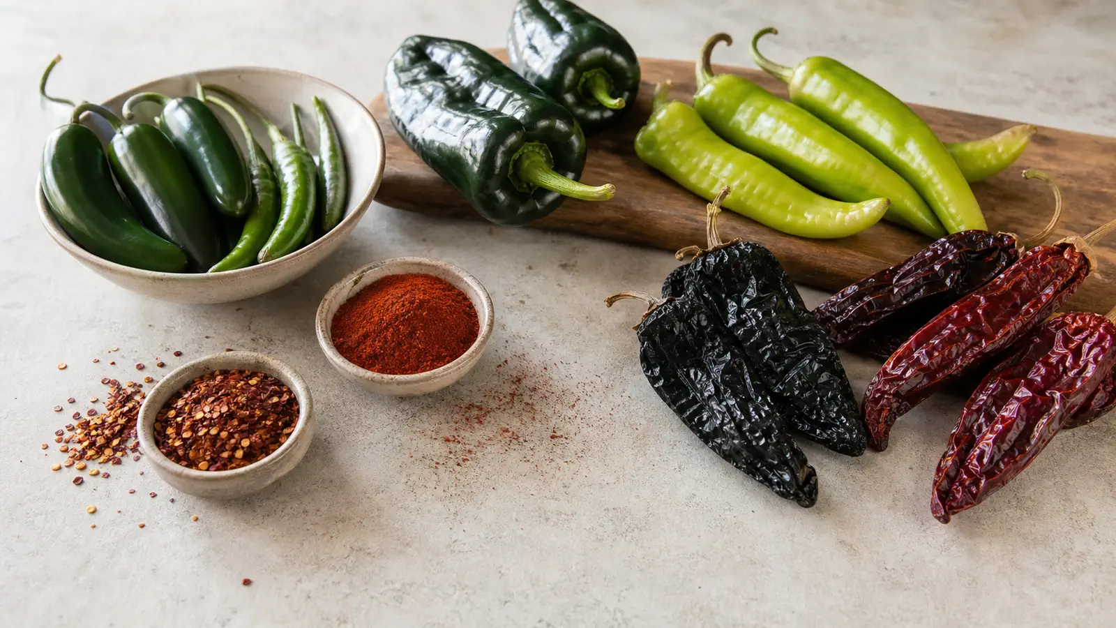 Substitute-ready peppers shown fresh, dried, and ground for choosing the right pepper swap