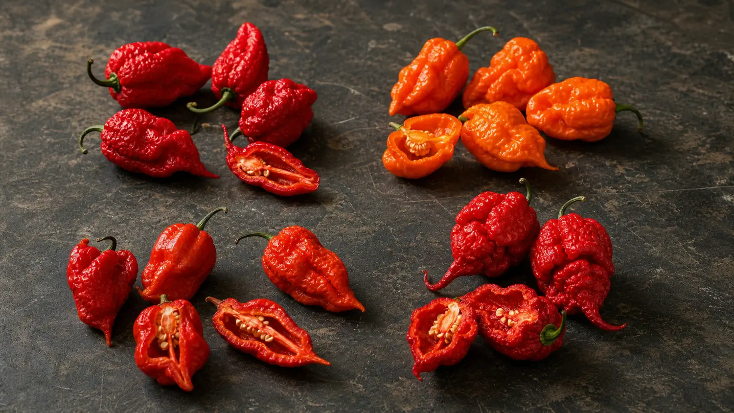 Super-hot peppers arranged as a tier overview with Carolina Reaper, ghost pepper, Trinidad scorpion, and 7 Pot-type peppers