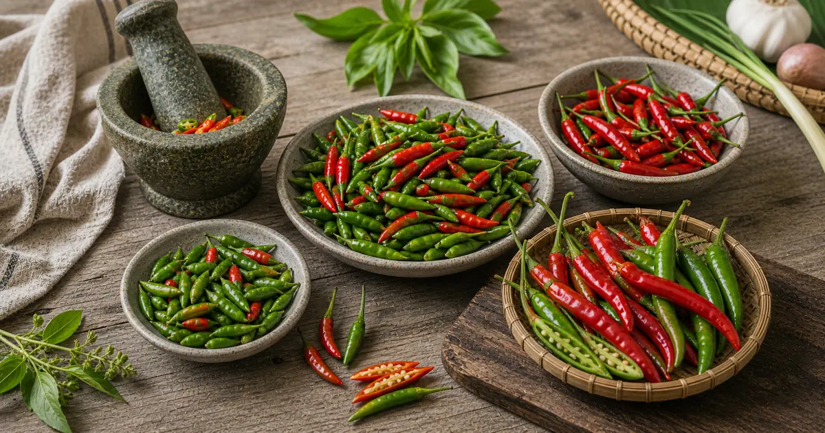 Thai peppers arranged in green and red stages with small bird's eye chiles, longer Thai peppers, and a stone mortar
