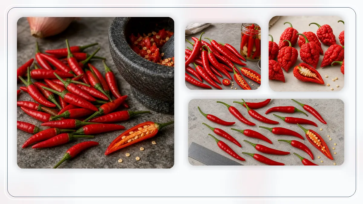 Thai Peppers in-post pepper reference image with varied cultivars and kitchen context