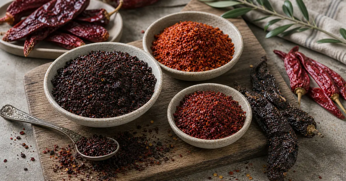 Turkish dried peppers and flakes arranged with dark Urfa-style pepper, bright Maras-style flakes, and whole dried chiles