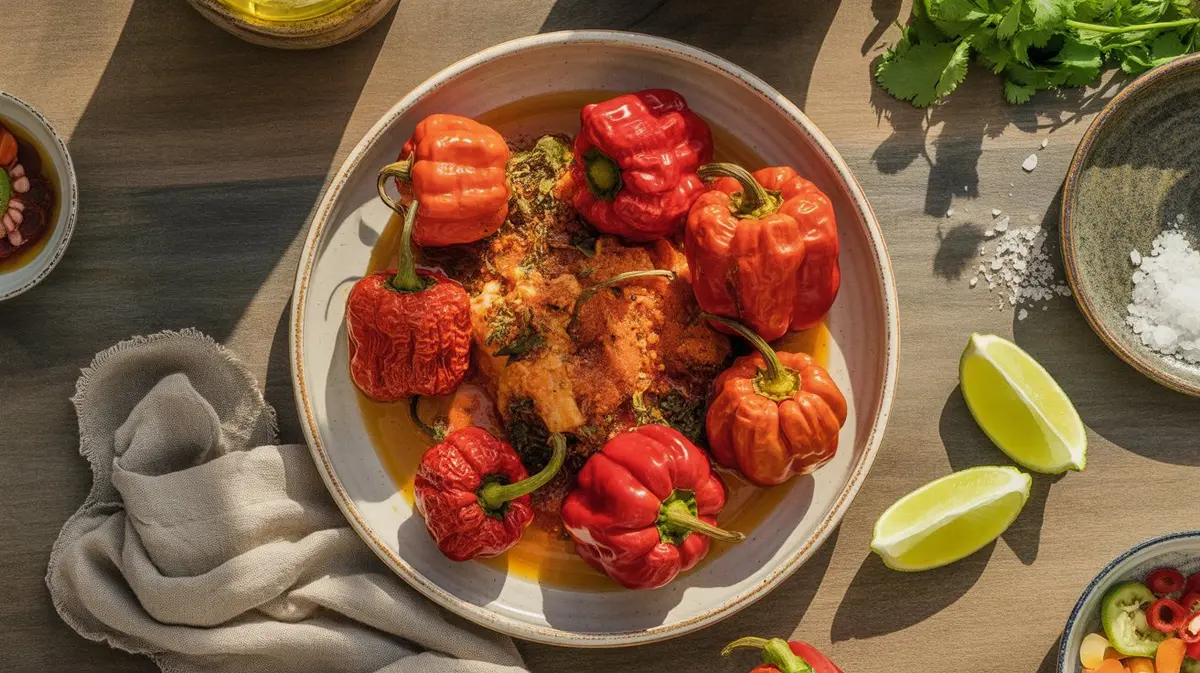 Fresh 7 Pot Brain Strain peppers showing color, shape and texture