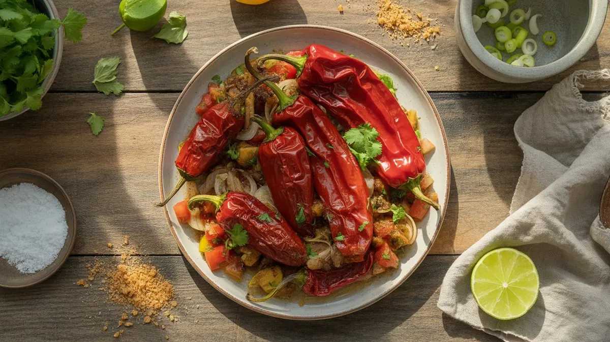 Fresh 7 Pot Douglah peppers showing color, shape and texture