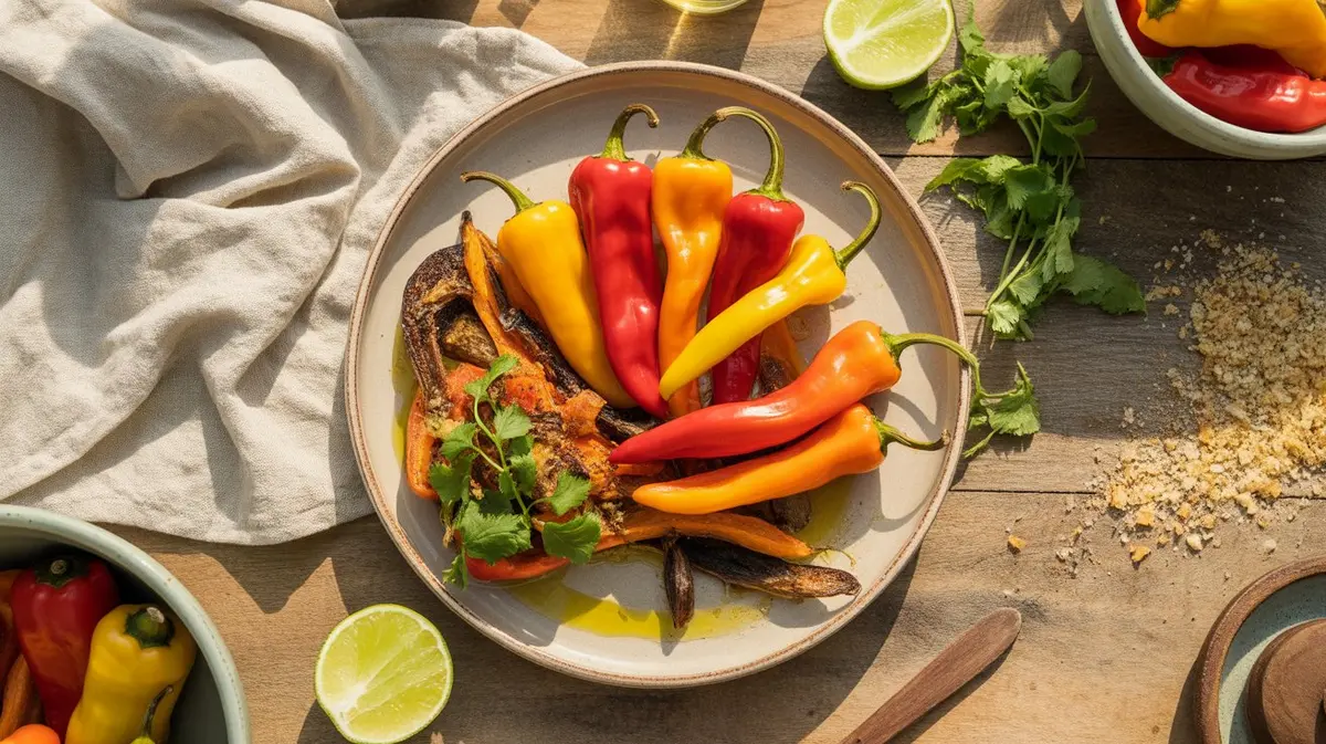 Fresh Aurora Pepper peppers showing color, shape and texture