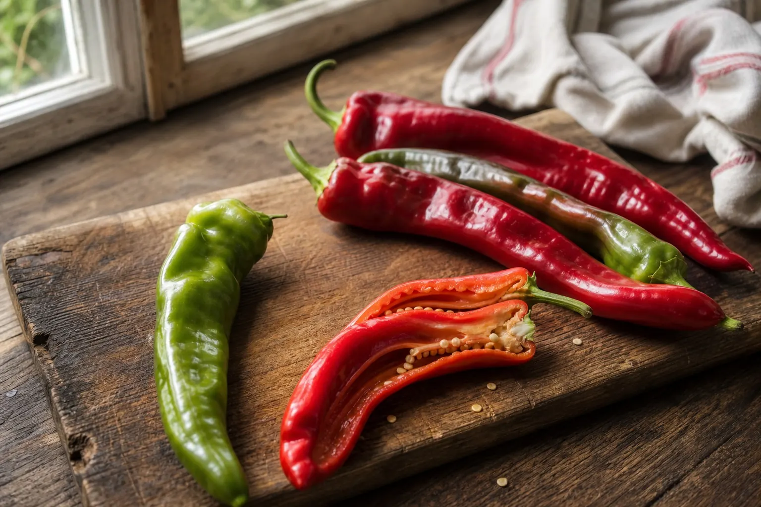 Whole and sliced Carmen peppers on a wooden board showing long tapered shape and thin walls