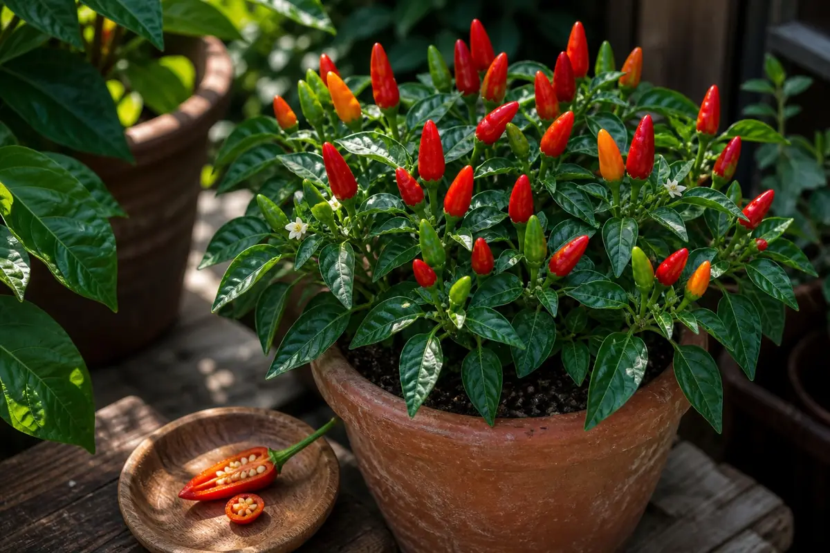 Chilly Chili ornamental peppers on a patio plant with upright red pods and one sliced pepper